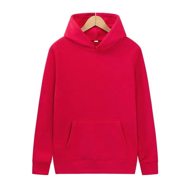 Solid color red women's hoodie sweatshirt with pocket front; casual style made from soft polyester, perfect for everyday wear.